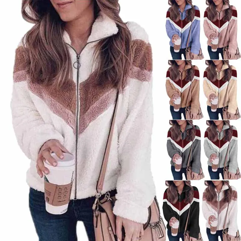 2022 Plush Sweater Zipper Woolen Top Autumn and Winter New Cardigan Contrast Color Matching Coat