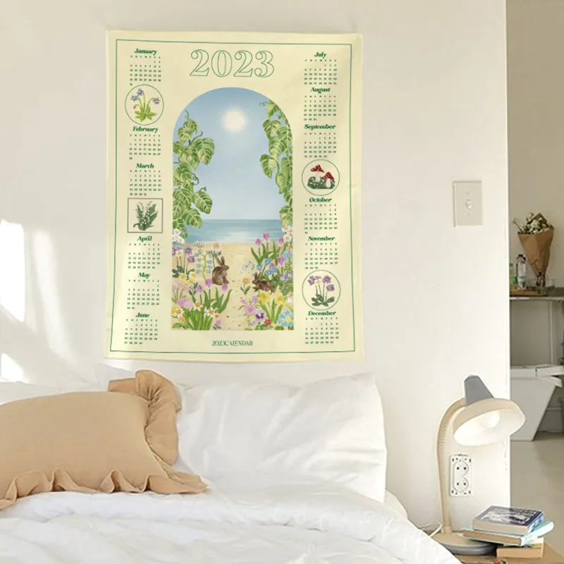 

Кавайная 2023 подвесная ткань с принтом кролика, украшение для комнаты девочки, календарь, гобелен, фоновая ткань на стену