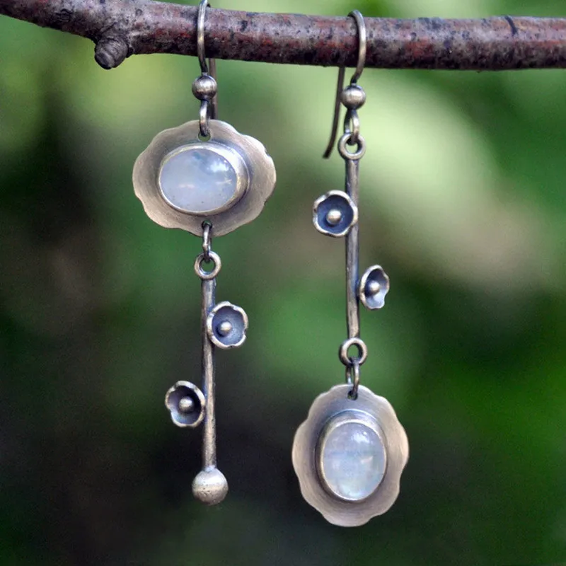 

Bohemian Asymmetrical Moonstone Long Earrings Female Personality Retro Carved Flower Plants Pattern Drop Earrings Simple Gift