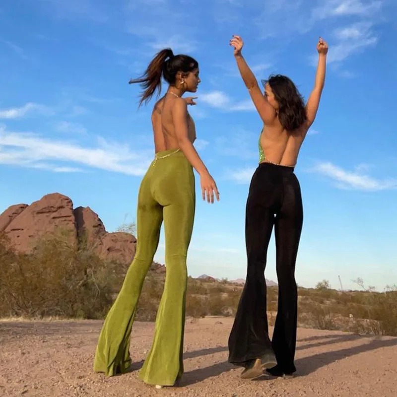 

Women Straight Leggings Slimming Pants Stretch Waist Flared Pants Solid Color Retro High Waist Joker Street Women's Flared Pants