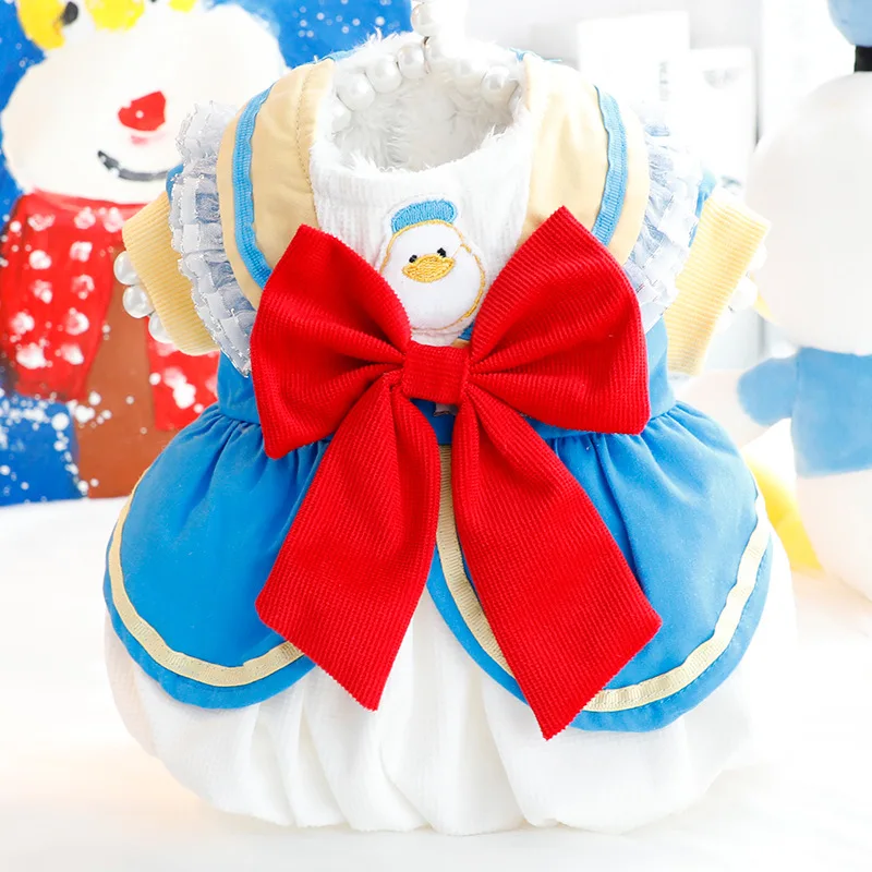 

Kawaii Cute Bowknot Duck Winter Warming Cotton Pet Clothes Dog Overcoat Cat Dresses Clothing Outfit Harness Carrier Puppy Kitty