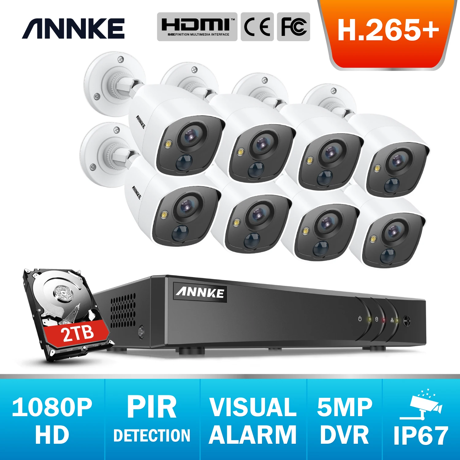 

ANNKE 1080P H.265 + 8CH CCTV камера DVR система 8 шт. IP66 Водонепроницаемая 2.0MP Bullet камера s домашний видео комплект системы видеонаблюдения