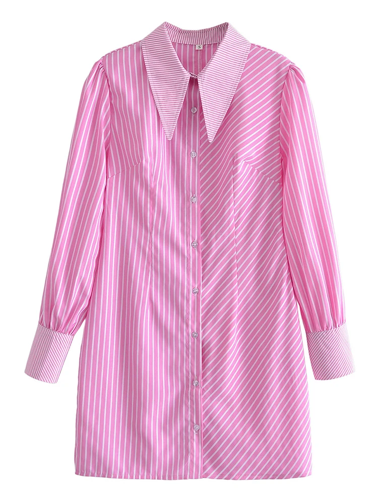 

Women Long Sleeve Striped Pink Dress 2022 Spring Autumn Turn-down Collar Single Breasted Slim Mini Dresses