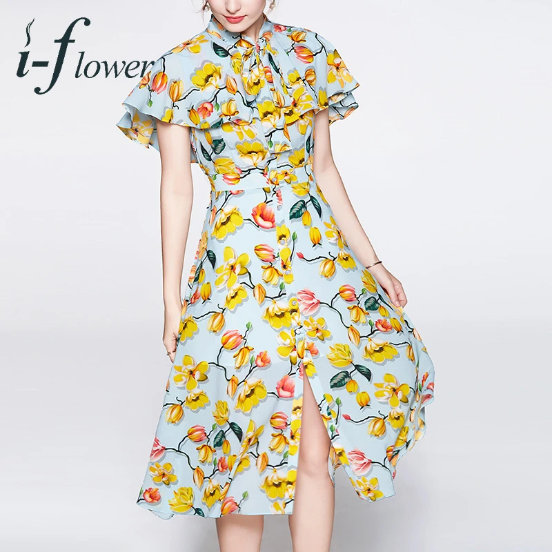 

French LadyStyle 100% Mulberry Silk Summer Dress Women 2022 Floral Printing Cloak Sleeve Scarf Collar Midi Dresses Retro Robe