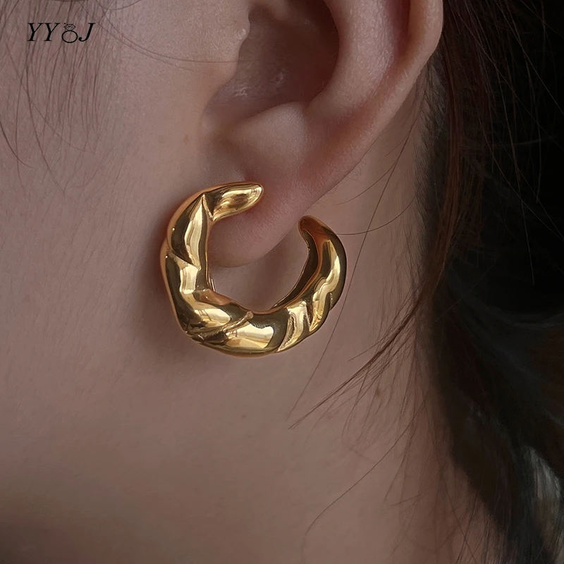 Irregular croissant chunky hoop earrings for women stainless steel bold thick hoop earrings minimalist jewelry no fade gold colo