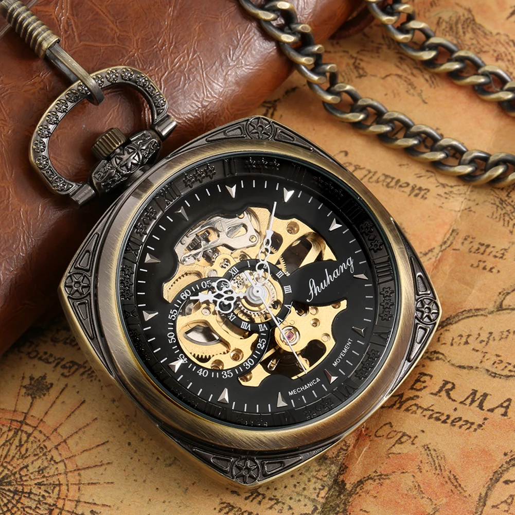 Open Face Square Bronze Mechanical Pocket Watch Fob Chain Manual Mechanism Pendant  Exquisite Vintage Antique Timepiece Male