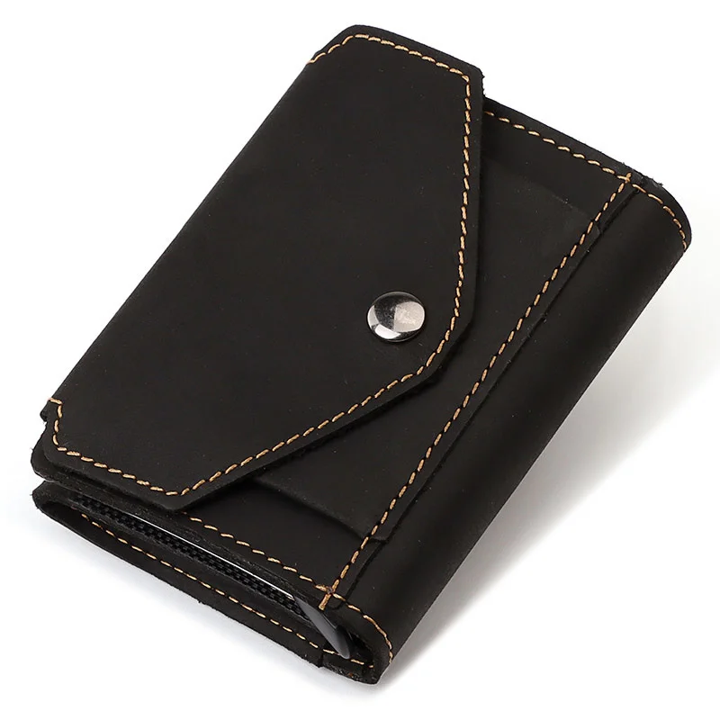 

Cowhide SUMAITONG Men Business Aluminum Cash ID Card Holder RFID Slim Metal Wallet Zip Coin Purse Automatic Pop Up Smart Wallets