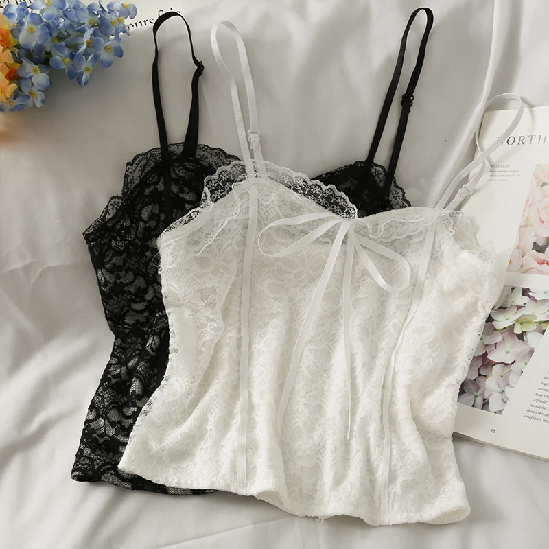 2021 summer new sexy lace spaghetti strap tanke top women built in bra off shoulder sleeveless solid color omighty camisole hot | Женская