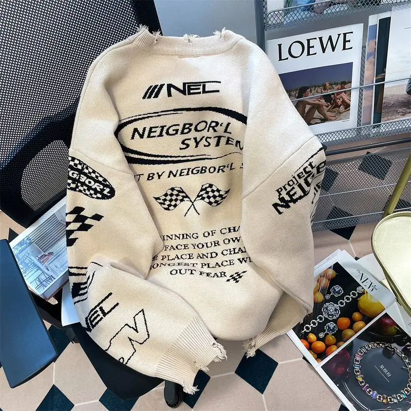 

Retro Outerwear Women Knitwear 2022 Round neck and long sleeves Lazy Racing Sweater KoreanFashion Alphanumeric Print PulloverTop