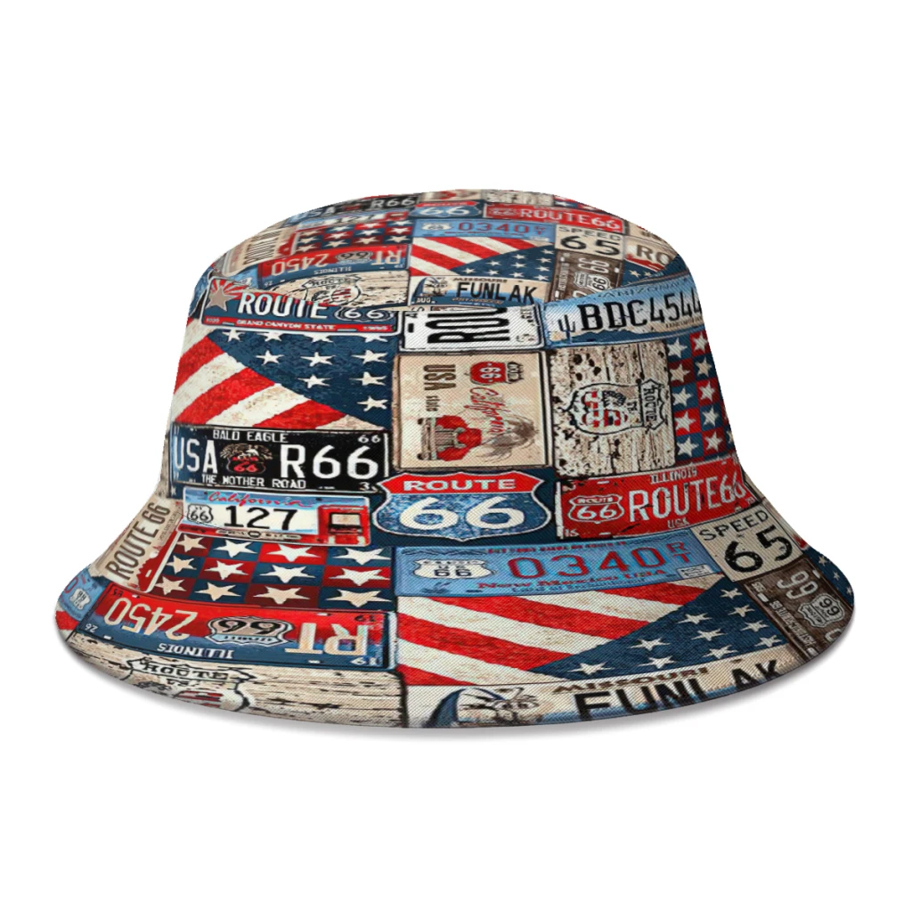 

2022 New Summer Vintage Route 66 Bucket Hats for Women Men Road Beach Foldable Bob Fisherman Hats Girls Boys Panama Sun Cap