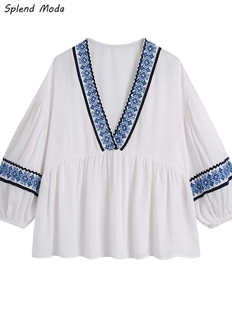 

Splend Moda 2022 Summer New Fashion Vintage Top V-Neck Loose Three-Quarter Sleeves Embroidered Stitching White Blouse Women