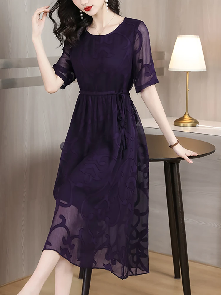 

Женское жаккардовое платье средней длины, фиолетовое шелковое винтажное облегающее платье с коротким рукавом, одежда для выпускного вечера в Корейском стиле, лето 2023