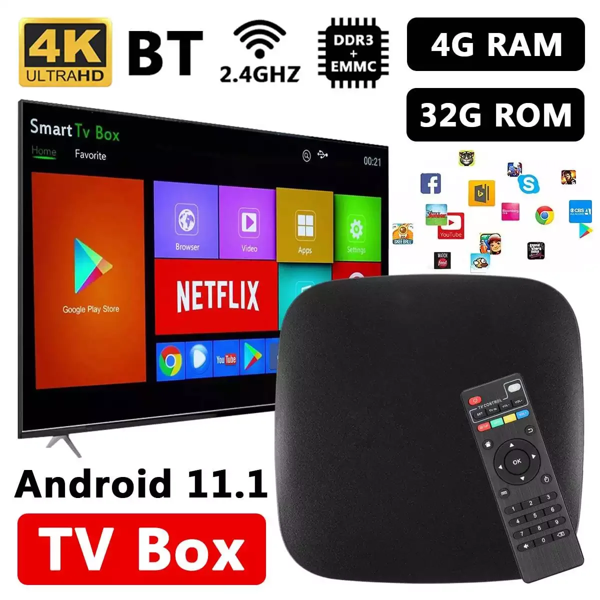 

Обновленная ТВ-приставка DDR3 + EMMC на Android 11, Смарт ТВ-приставка Amlogic 2,4G wifi 4K H.265 4 Гб ОЗУ 32 Гб медиаплеер, очень быстрая телеприставка