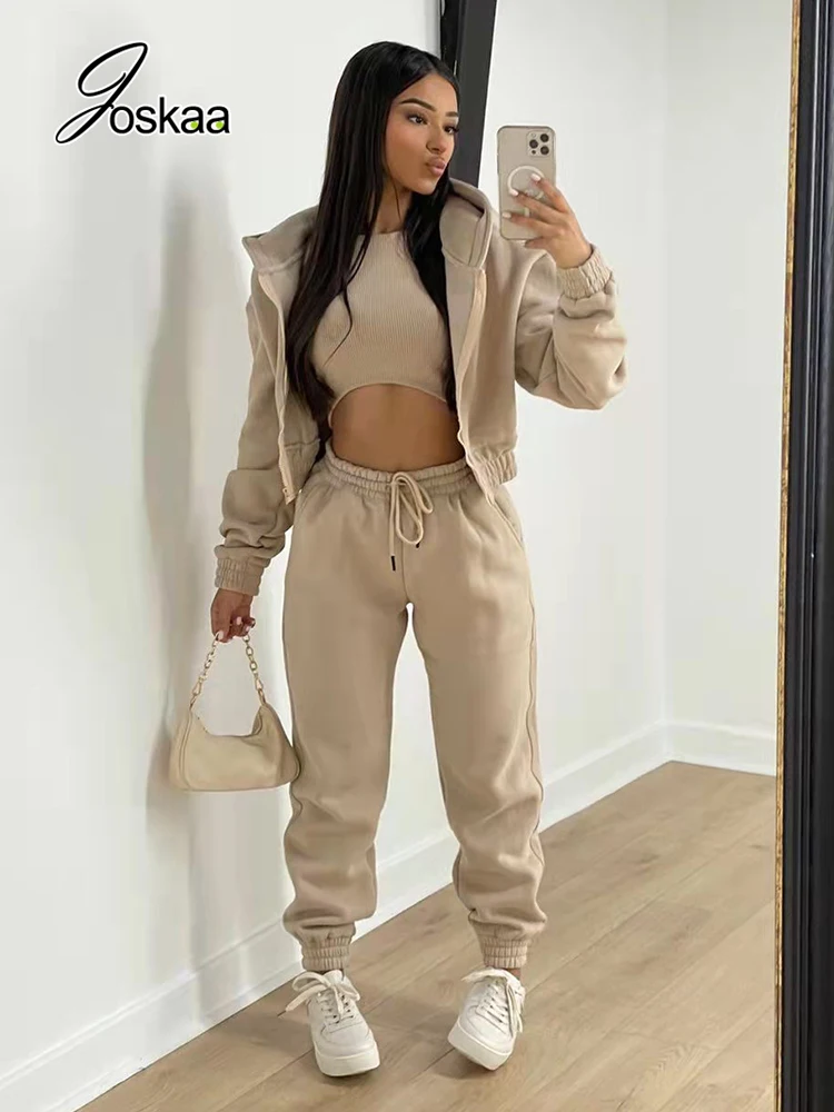 

Joskaa Solid Fleece Zipper Long Sleeve Hoodie Vest and Sweatpants 3 Piece Sets Women Autumn Winter 2022 Casual Sporty Outfits