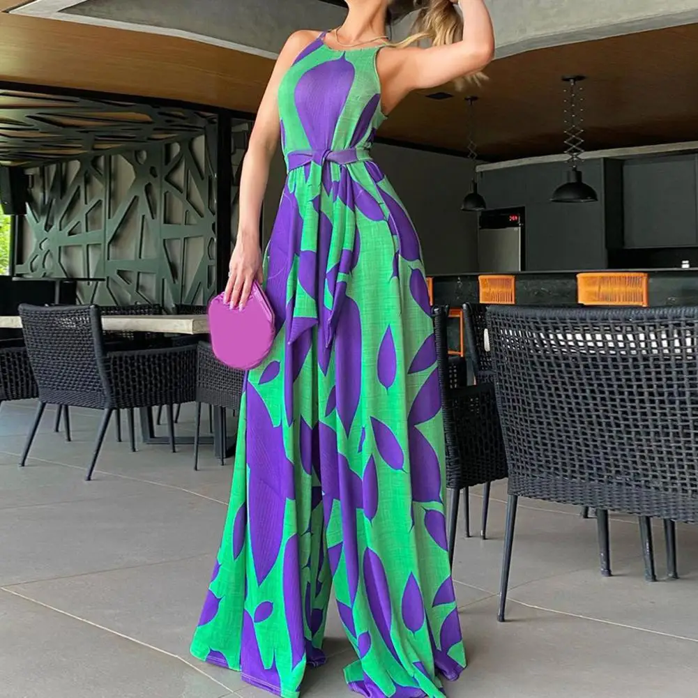 

Women Romper Contrast Color Soft Fabric Breathable Sweet O Neck Colorfast Wide Leg Deep Crotch Summer Jumpsuit Female Clothes