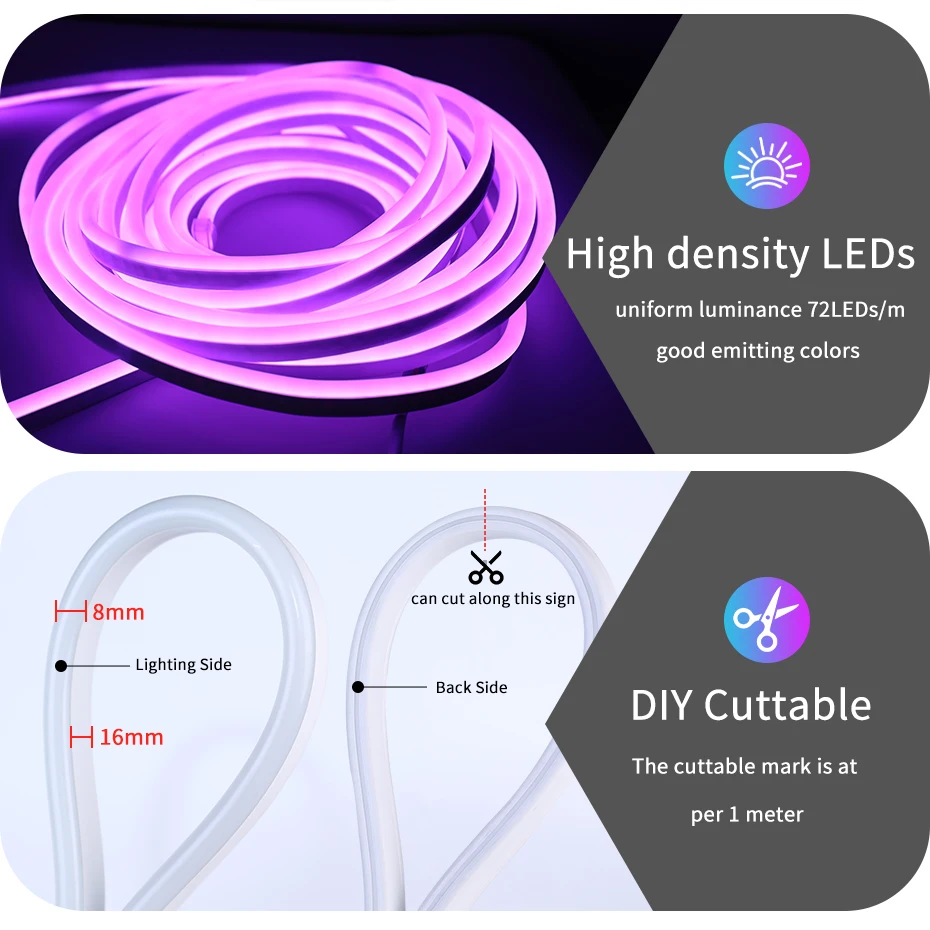 Фото Умные неоновые фонари для улицы, AC220V, RGB светодиодная лента, IP65, водонепроницаемая, 1–100 м, приложение Tuya/беспроводной радиочастотный пульт дистанционного управления, гибкое веревочное освещение №3