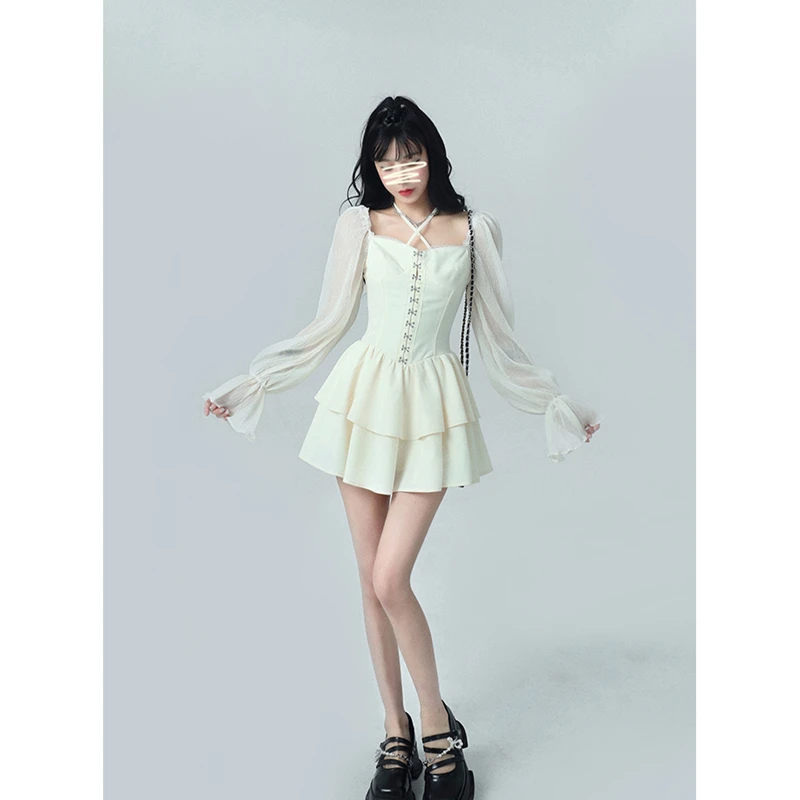 

White Women's Dress Short Skirt French Vintage Long Short Sleeve 2022 Summer Ladies Chic Design Ruffle Skirt Halterneck Dresses