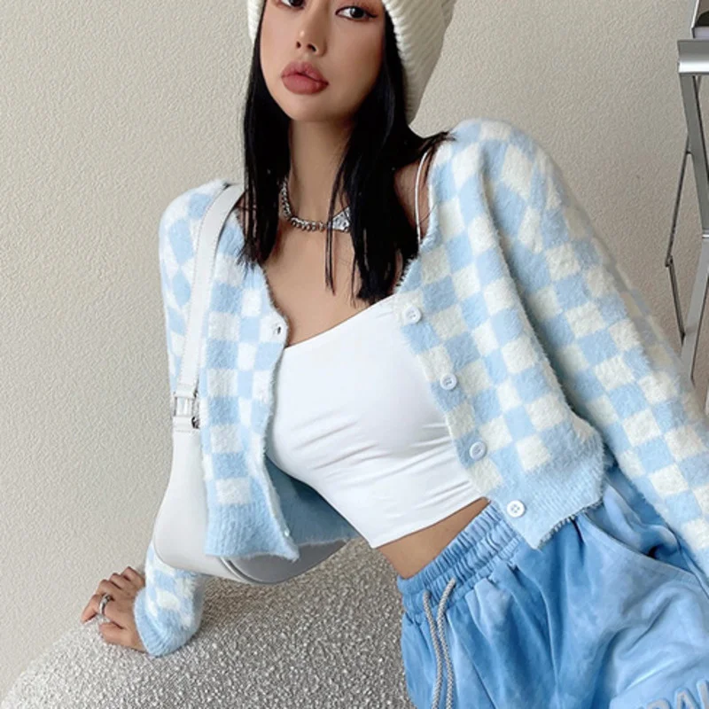 

WOMENGAGA American Checkerboard Knitted Women's Autumn Winter Hairy High Waist Slim Short Sweater Fashion Koraen Women X3P4