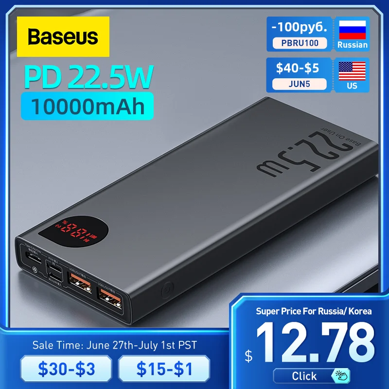 Baseus Power Bank 10000mAh with 20W PD Fast Charging Powerbank Portable Battery Charger PoverBank For iPhone 12Pro Xiaomi Huawei
