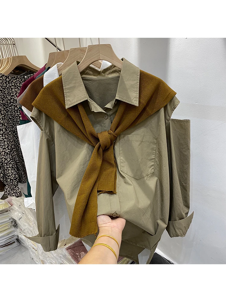 

2022 Women Autumn New Lapel Shawl Design Over-shirt Baggy Long Sleeve Shirt Off Shoulder Blouses Office Lady Irregular Chic