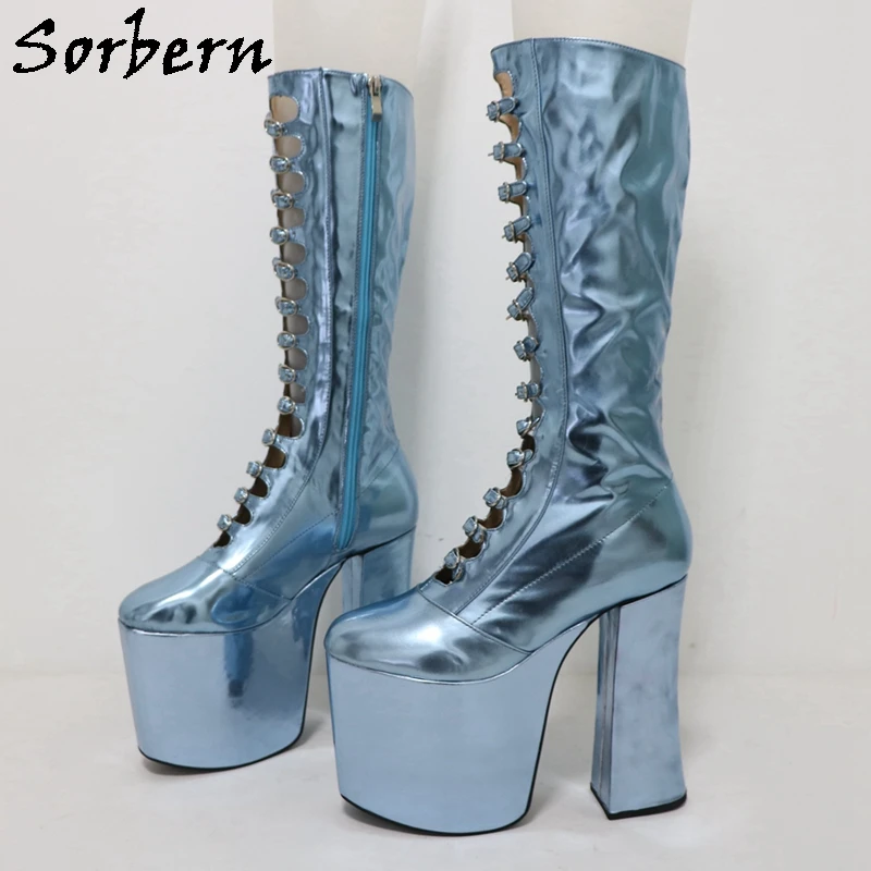Sorbern Metallic Block Heel Boots Women Knee High Drag Queen Shoes Thick Platform Fetish High Heels Round Toe Hollow Out Front