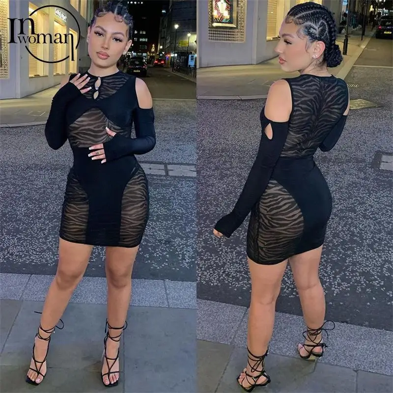 

Inwoman Summer Mesh Print Patchwork Black Mini Dress See Through Sexy Club Outfit For Women 2022 Long Sleeve Bodycon Party Dress