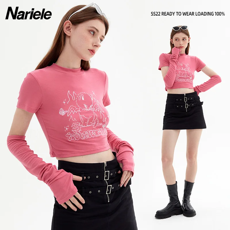 

Heyhenry Niche Design Sense Sweet Cool Hot Girl Style Short Sleeve Women Summer Anime Cropped Slim Fit T-Shirt with Sleeve New