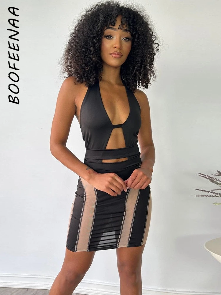 

BOOFEENAA сетчатые вставки черные мини платья для женщин сексуальные летние 2022 наряды для ночного клуба с открытой спиной бретелькой через шею ...