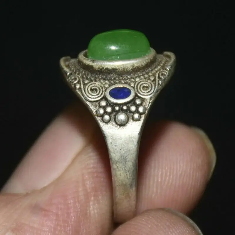 1&quot Old Chinese Silver Inlay Green Jade Dynasty Palace Jewelry Finger Ring | Statues &amp Sculptures