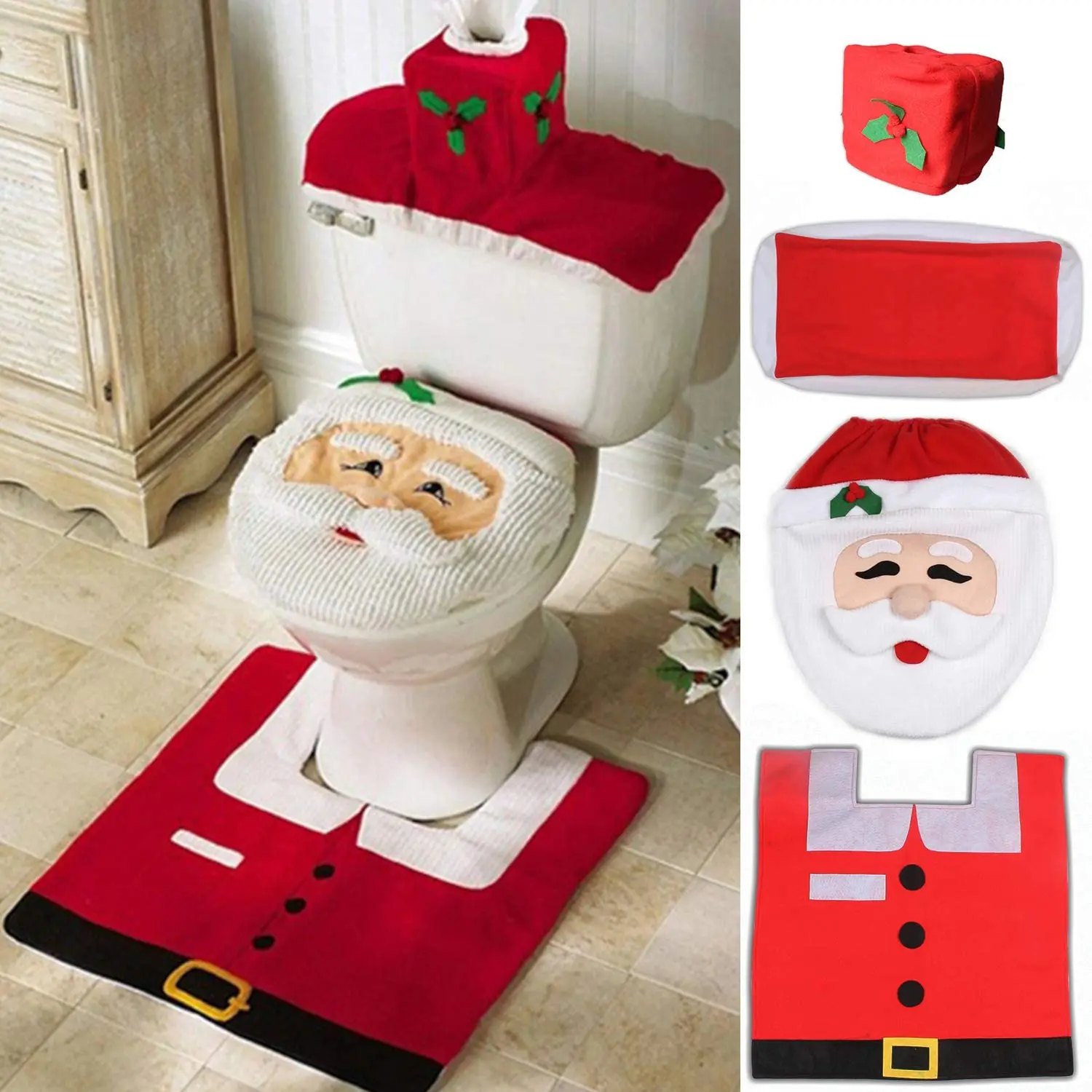 

1Set Christmas Santa Claus Toilet Seat Cover Rug Home Decoration Christmas Toilet Lid Case Bathroom Mat Xmas Decorative Gifts