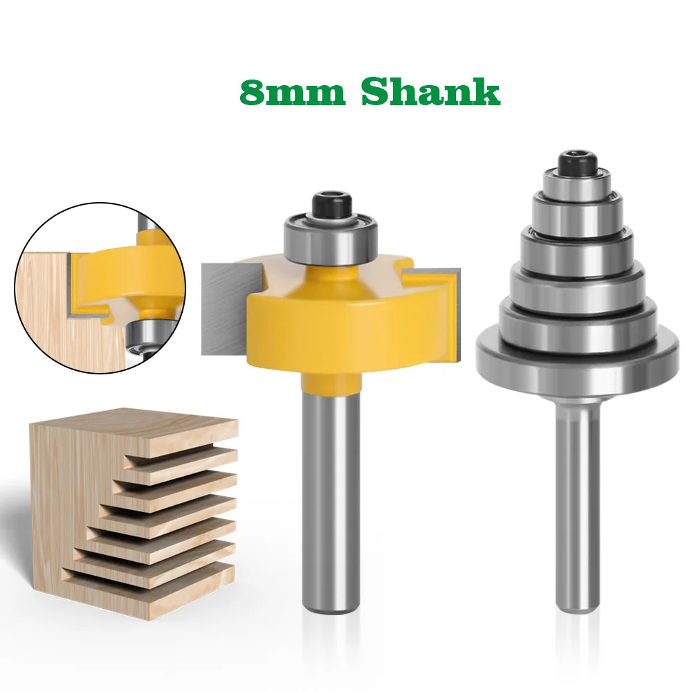 

2PC 8MM Shank Milling Cutter Wood Carving Rabbet Router Bit with 6 Adjustable Bearings Tenon Milling Cutter Cemented Carbide
