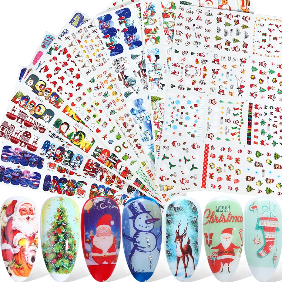 

12pcs Christmas Nail Sticker Santa Claus Elk Snowman Gift Water Transfer Slider Full Wrap Xmas Cartoon Winter Decal SABN/A-1