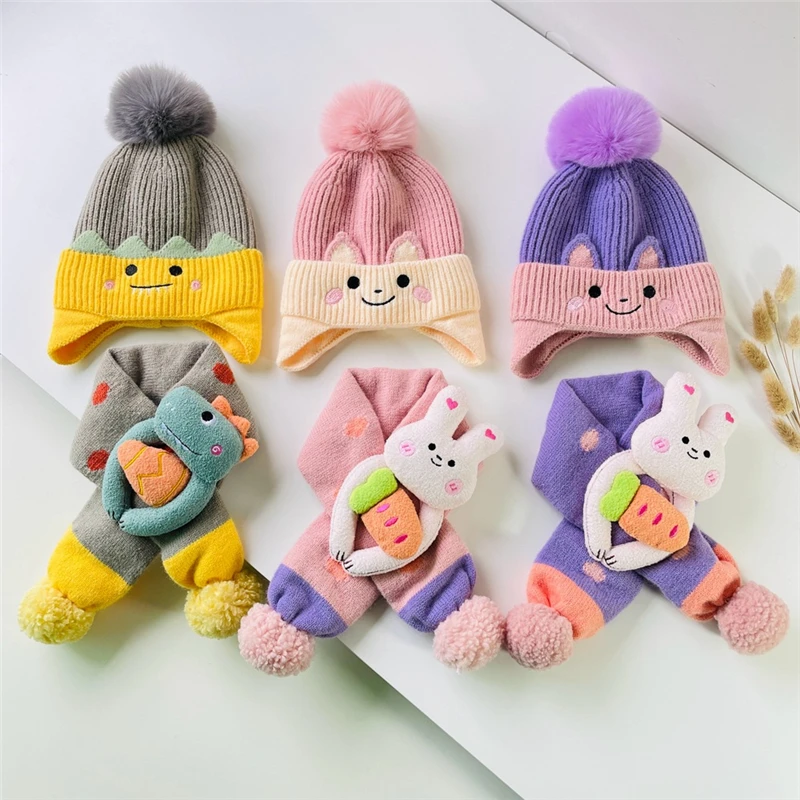 

2PCS Set Beanies And Scarf for Boys Winter Knitted Hat Scarf Set Girls Thicken Children's Hat Autumn Cute Cartoon Warm Baby Hat