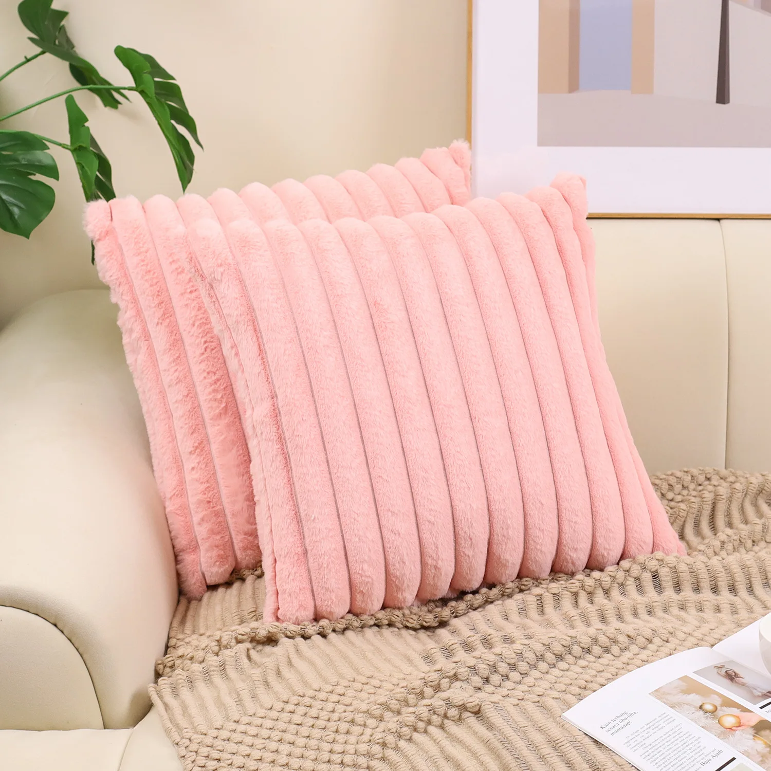Зимняя плюшевая наволочка в большую полоску для гостиной простой диван теплая