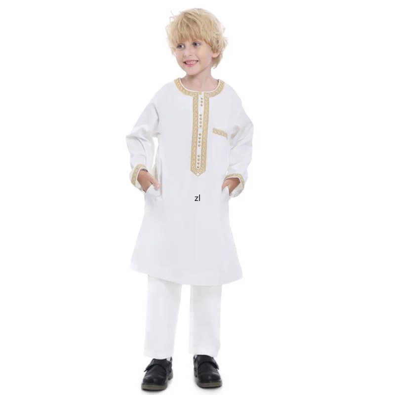 Muslim Muslim Arab Boy Thobe Children Abaya Ramadan Jubba Thobe Dress Pant Set 2 Piece Caftan Robe Kaftan Musulman Ensembles