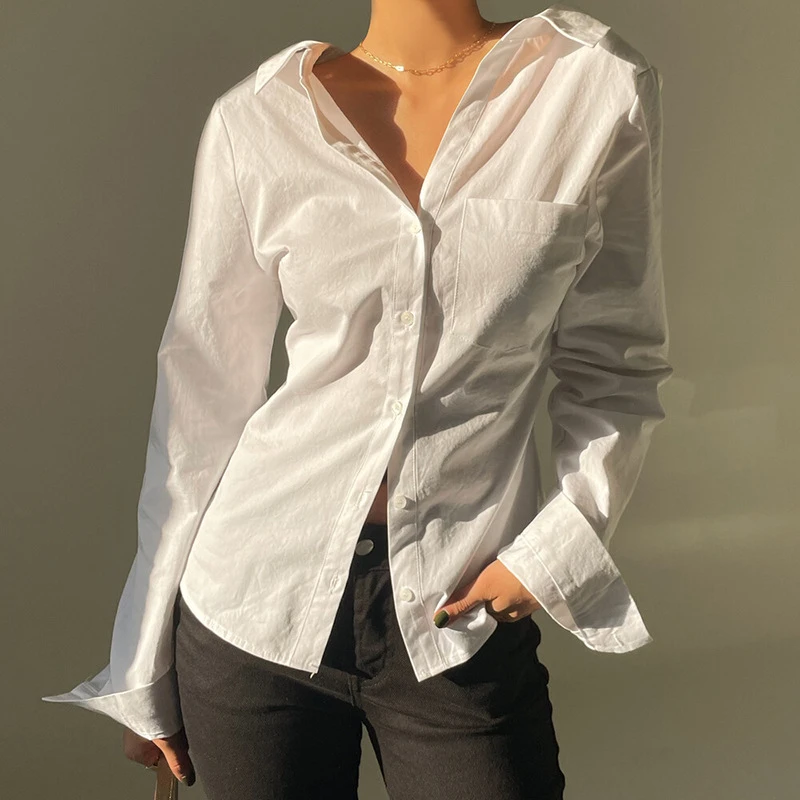 

Spring Fashion Slim Sexy Solid Color Pocket Long Sleeve Turn-down Collar Women Casual Basics Shirt Blouses Girl Top Vintage