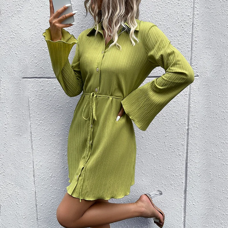 

Autumn new solid color Lapel single breasted lace up flare long sleeved women's dress dress for women