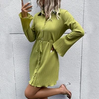autumn new solid color lapel single breasted lace up flare long sleeved womens dress dress for women