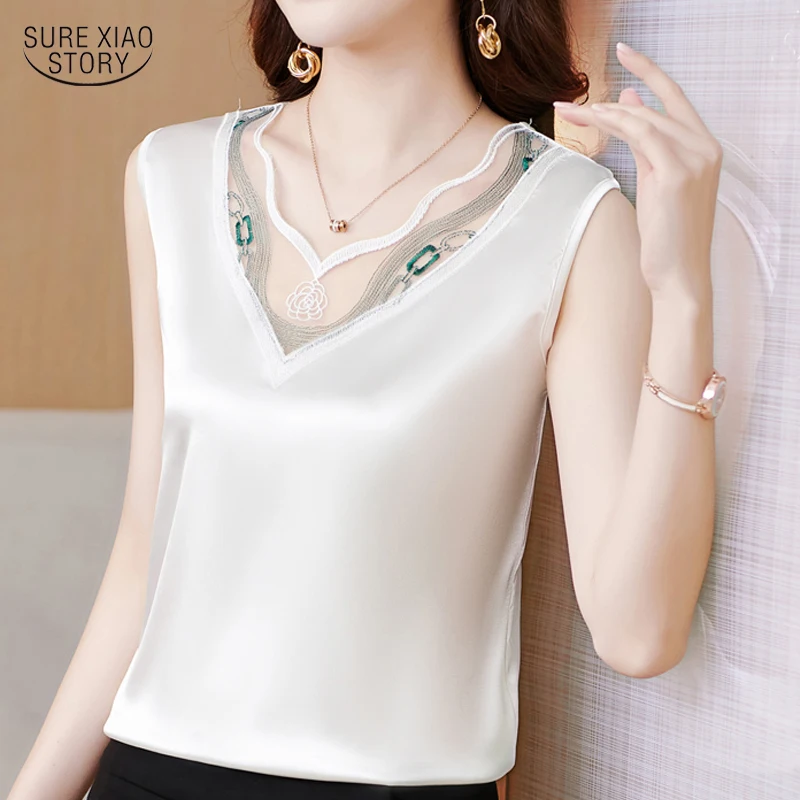 

Casual Office Casual Vest Sweet Solid White Camis Summer Embroidery Slim Stretch Satin Tank Top Women Clothes Elegant 19290