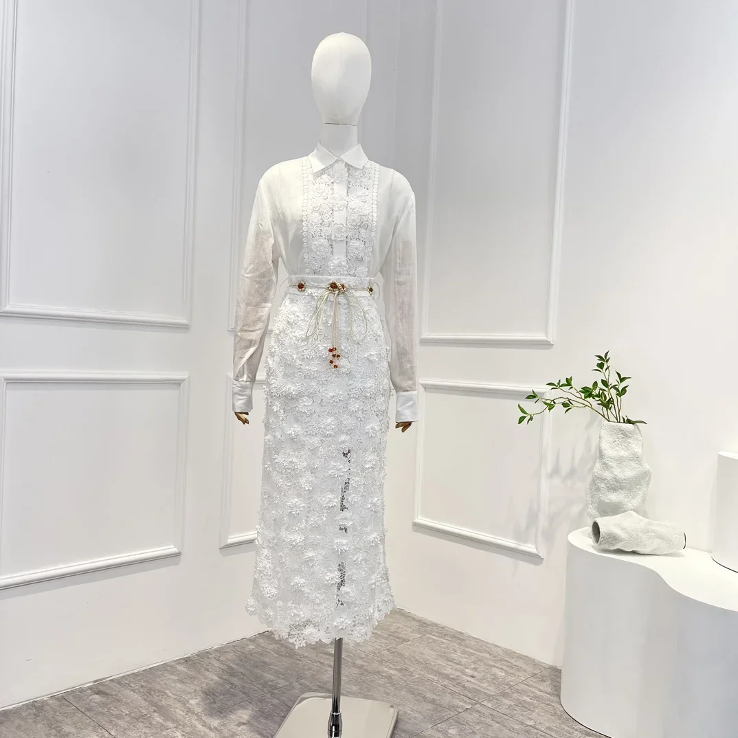 

2023 Top Quality New Spring Summer Solid White Hook Flower Hollow Lace Blouse Midi Skirt with Beading Belt Matching Set Lady