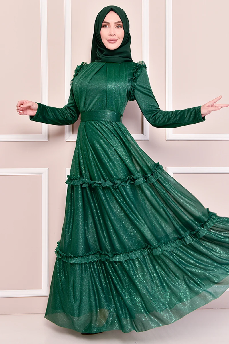 

Women Clothing Silvery Dress Green Women Abaya Dress Muslim Evening Dress Long Sleeves Abaya Dubai Turkey Muslim Hijab LİY6602
