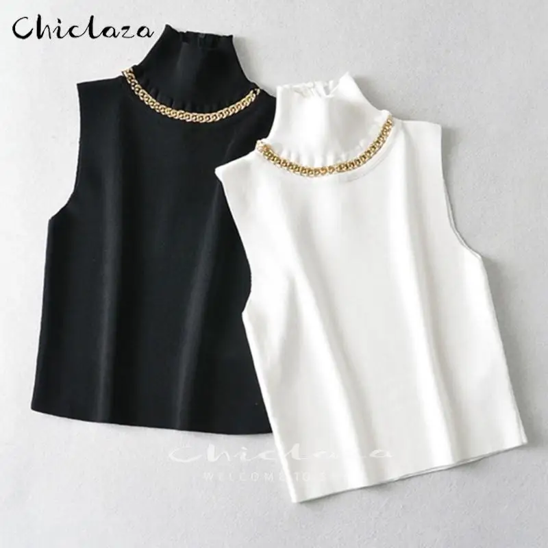 

CHICLAZA 2022 Весенняя мода Женская водолазка с золотой цепочкой трикотажная футболка без рукавов сексуальные летние белые топы женские топы