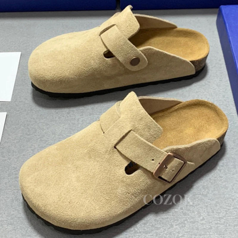 

Classic Retro Series Women's Half Slippers Autumn And Winter High-Quality Cattle Suede Metal Buckle Strap Flat Slippers