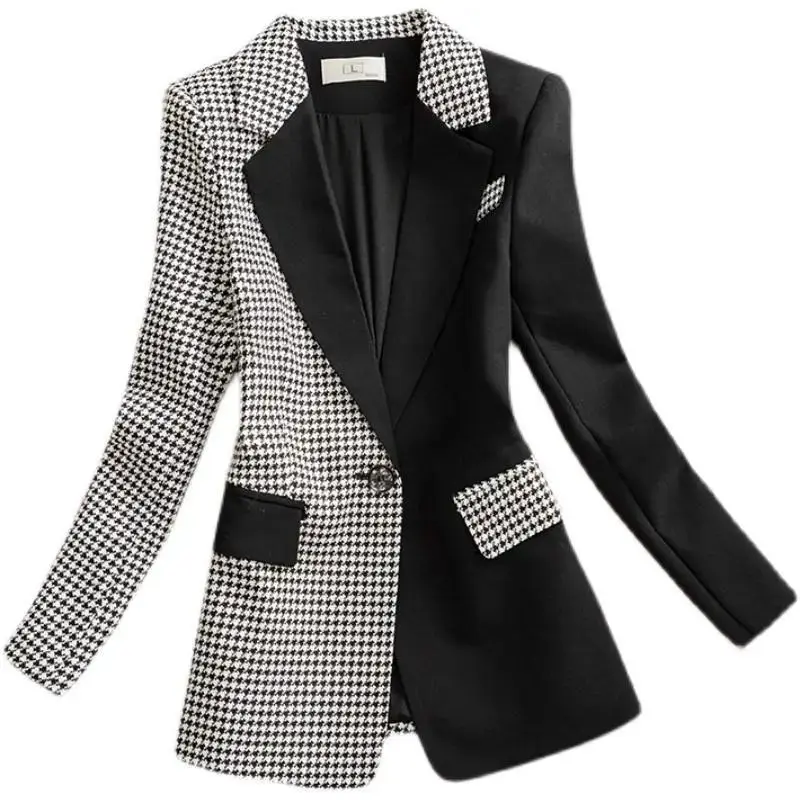

Houndstooth Blazer Women's 2022 Spring Autumn Black Coat Female Slim Outerwear Temperament Suit Jacket Ladies Fashionable Tops