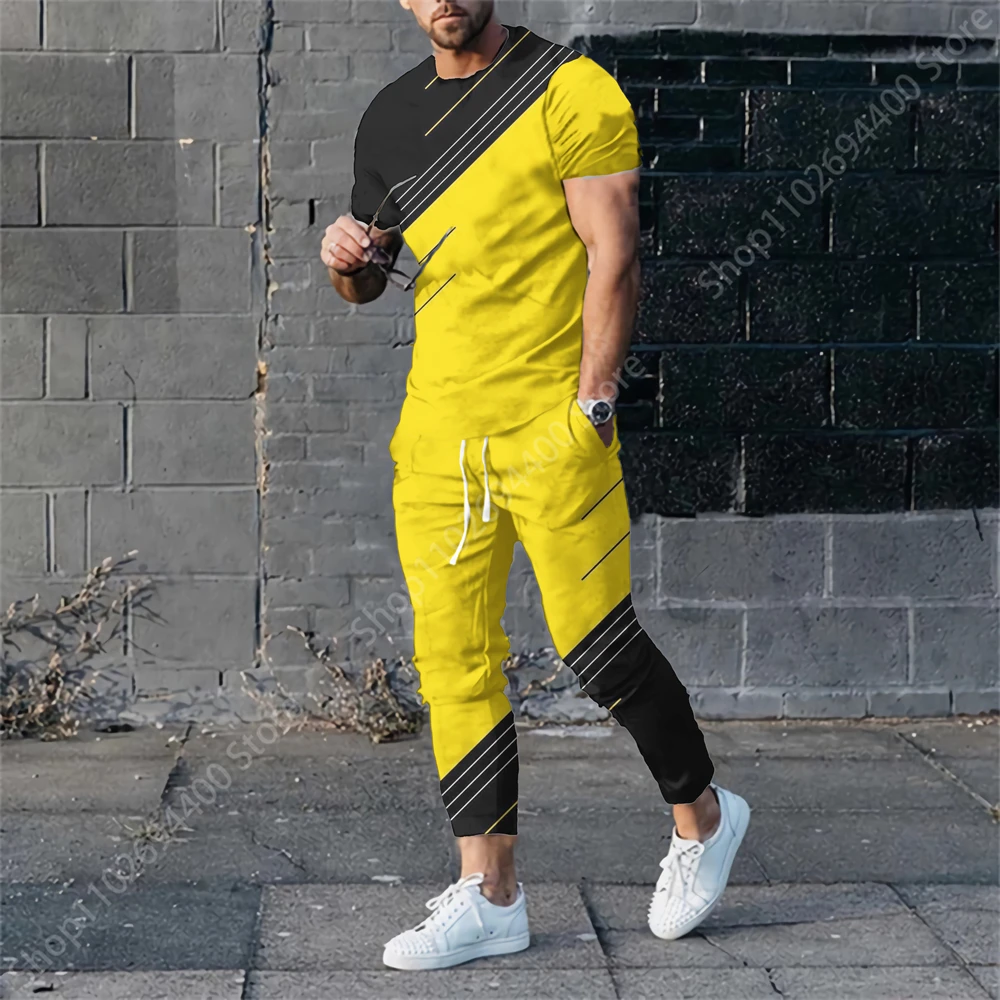2023 New Men's Trousers Tracksuit 2 Piece Set Fashion Colour Print Summer Short Sleeve T Shirt+Long Pants Street Unisex Clothes