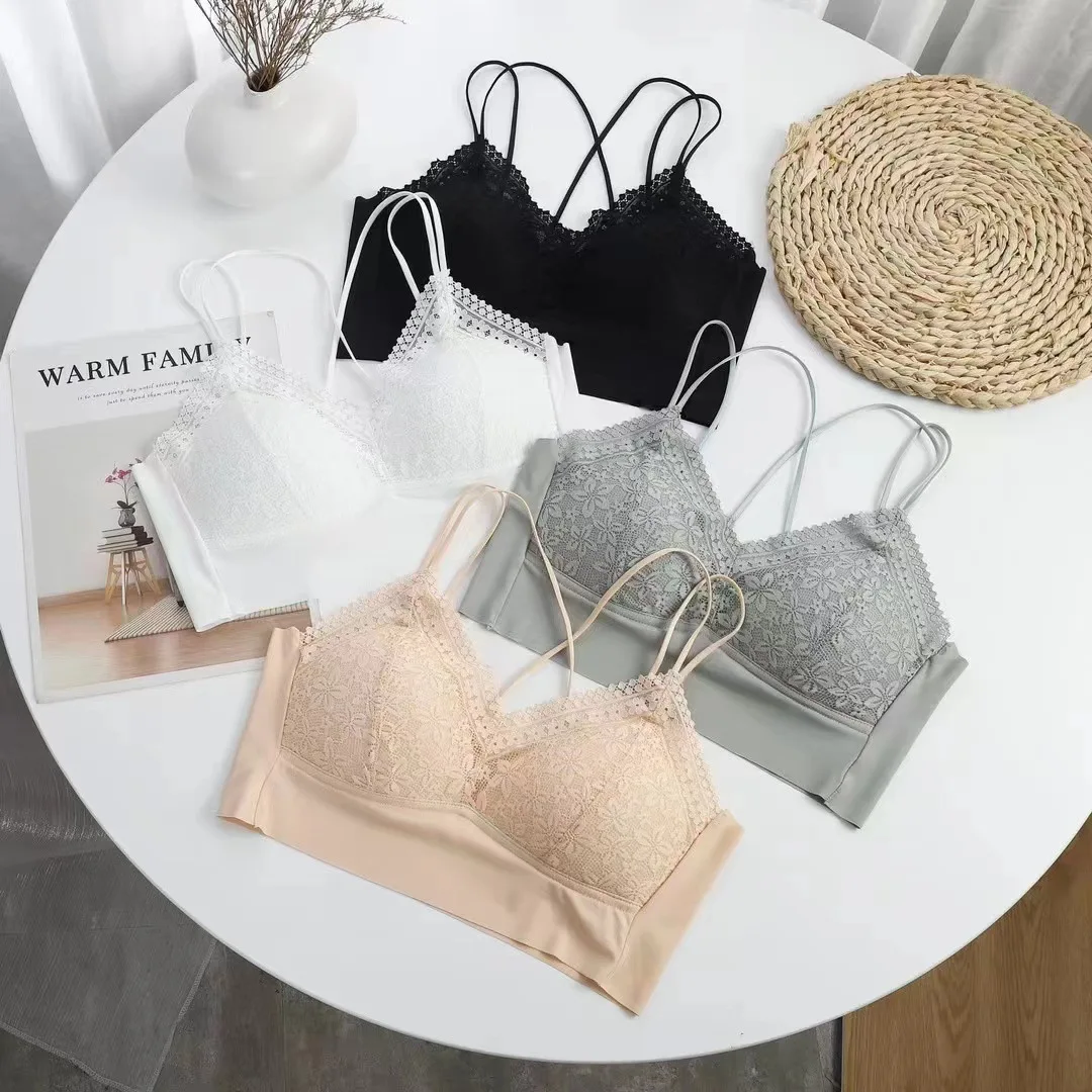 

Sexy Lace Brassiere Ice Silk Seamless Fixed Latex Cup Lingerie Summer Double Shoulder Straps Beautiful Back Bra 2022 New