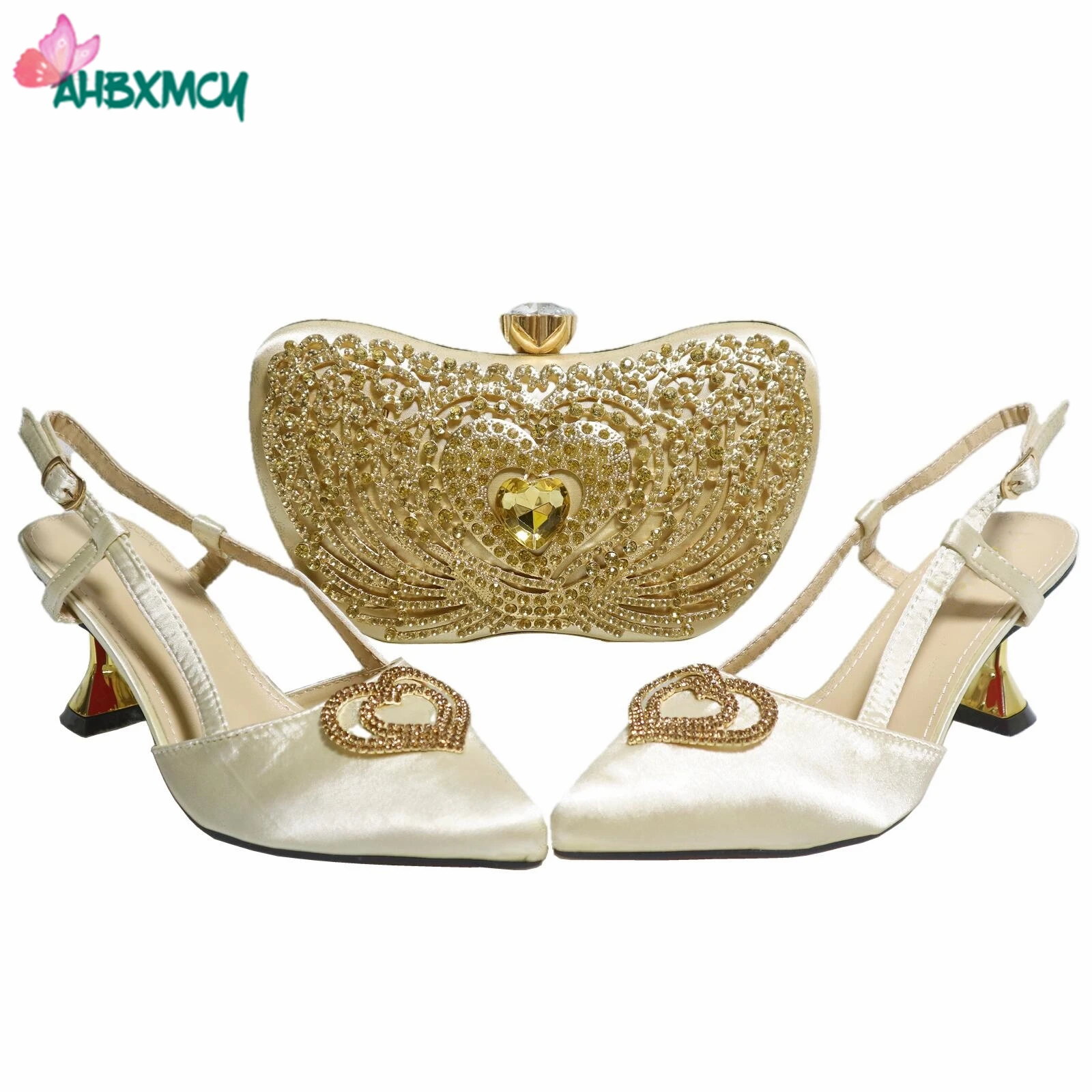 

2022 Mature Lady Nigerian Women Shoes with Bag Set in Gold Color High Quality Elegant Style African Women for Wedding Party