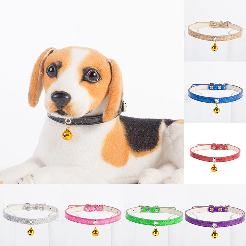 

1Pcs Solid Color Artificial PU Dog Collar Adjustable Practical Convenient Pet Collar Cute Safety Pet Neck Strap With Bell