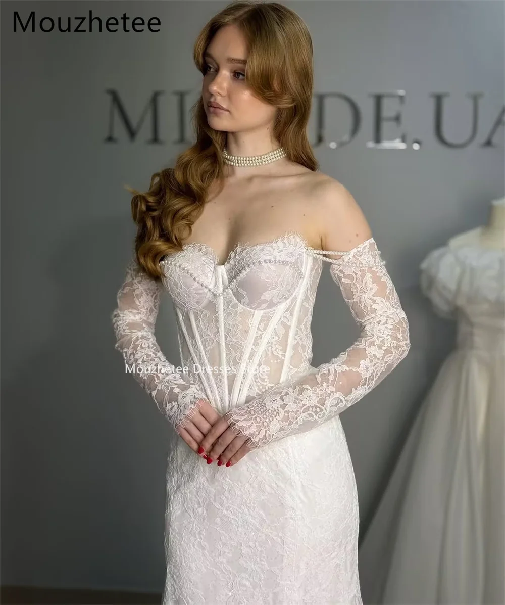 Фото Элегантное свадебное платье Mouzhetee Mermaid с тонкими бретелями, жемчугом и кружевом, простое, без рукавов, на заказ, 2026 №3