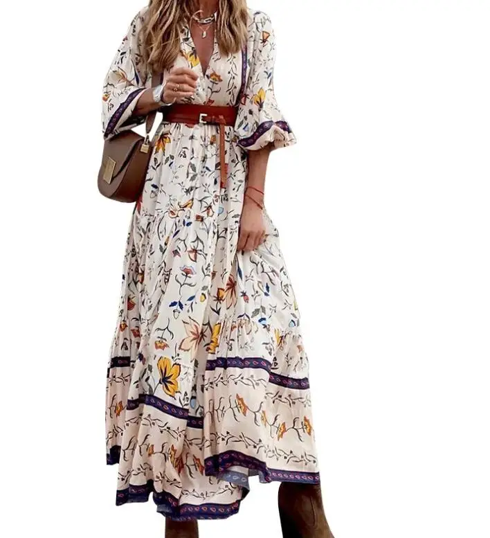 Женское богемное платье с длинным рукавом V-образным вырезом и принтом (без пояса)
